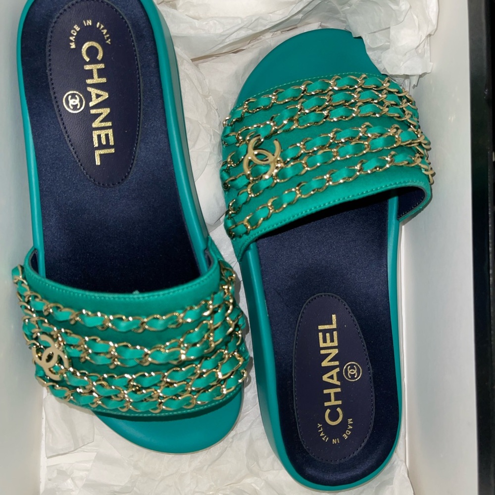 Chanel Women's Teal Slide Sandals with Gold Chain